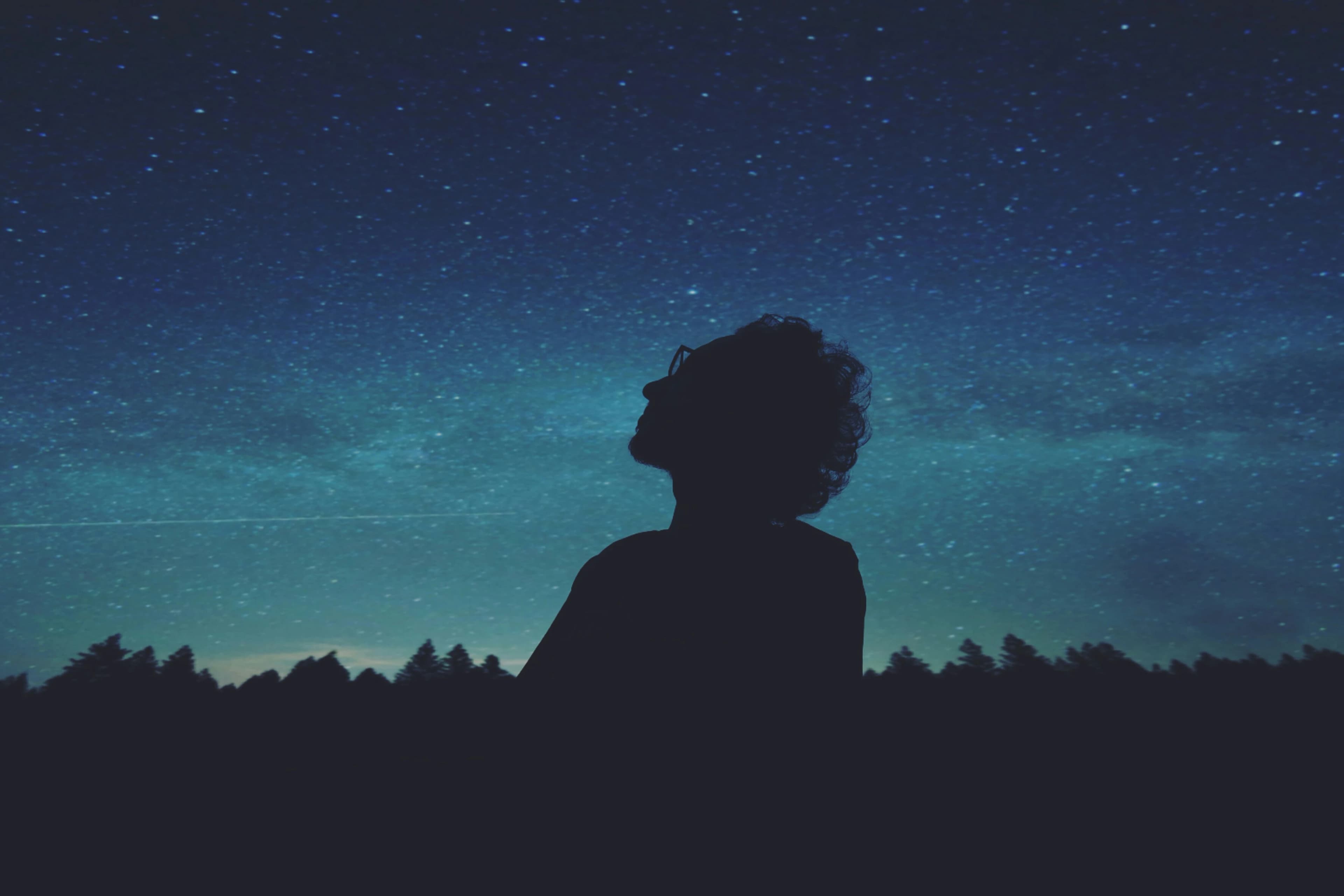 Silhouette of person looking up at starry sky